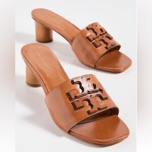 $339 Tory Burch Ines Boho Cognac Brown/Tan Wood Heeled Summer Spring Logo Sandal